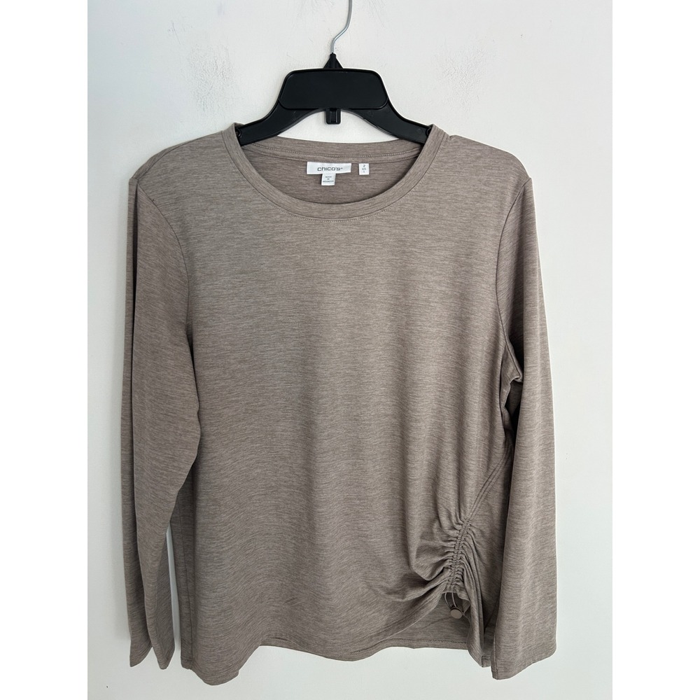 Chicos Long Sleeve Cinched Side Toggle Top Taupe Heathered Knit Size 2 L Large